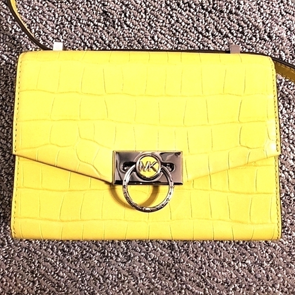 MICHAEL KORS HENDRIX SHOULDER FLAP BAG YELLOW CROC GENUINE LEATHER CROSSBODY - Picture 2 of 15